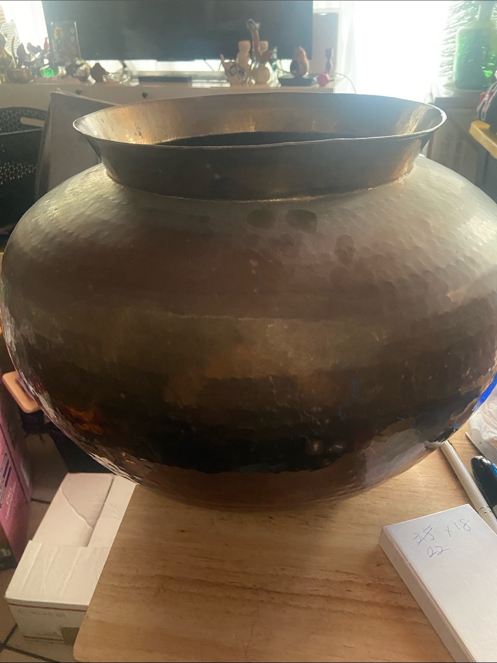 Hand-Hammered Decorative Brass Vase - Warm Brass Finish 18” wide 12” tall